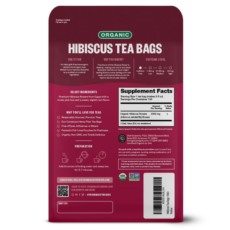 FGO Organic Hibiscus Tea, 100 Count, Eco-Conscious Tea Bags, Caffeine Free, Packaging May Vary (Pack of 1) - Image 2